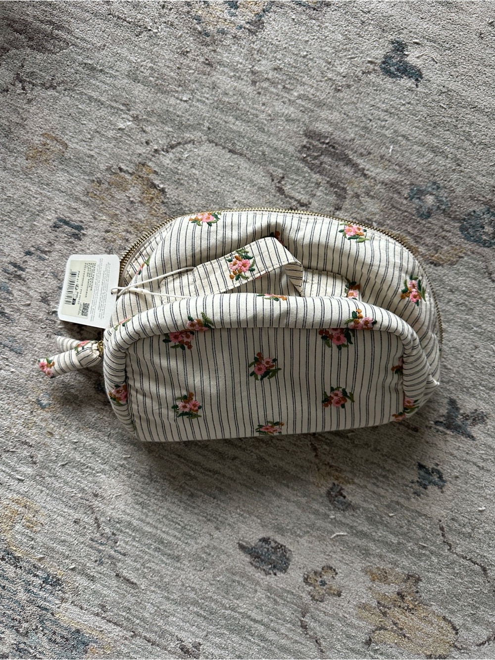 Petit Sezane Floral Stripe Quilted Cosmetic Pouch - Cream with Pink Roses